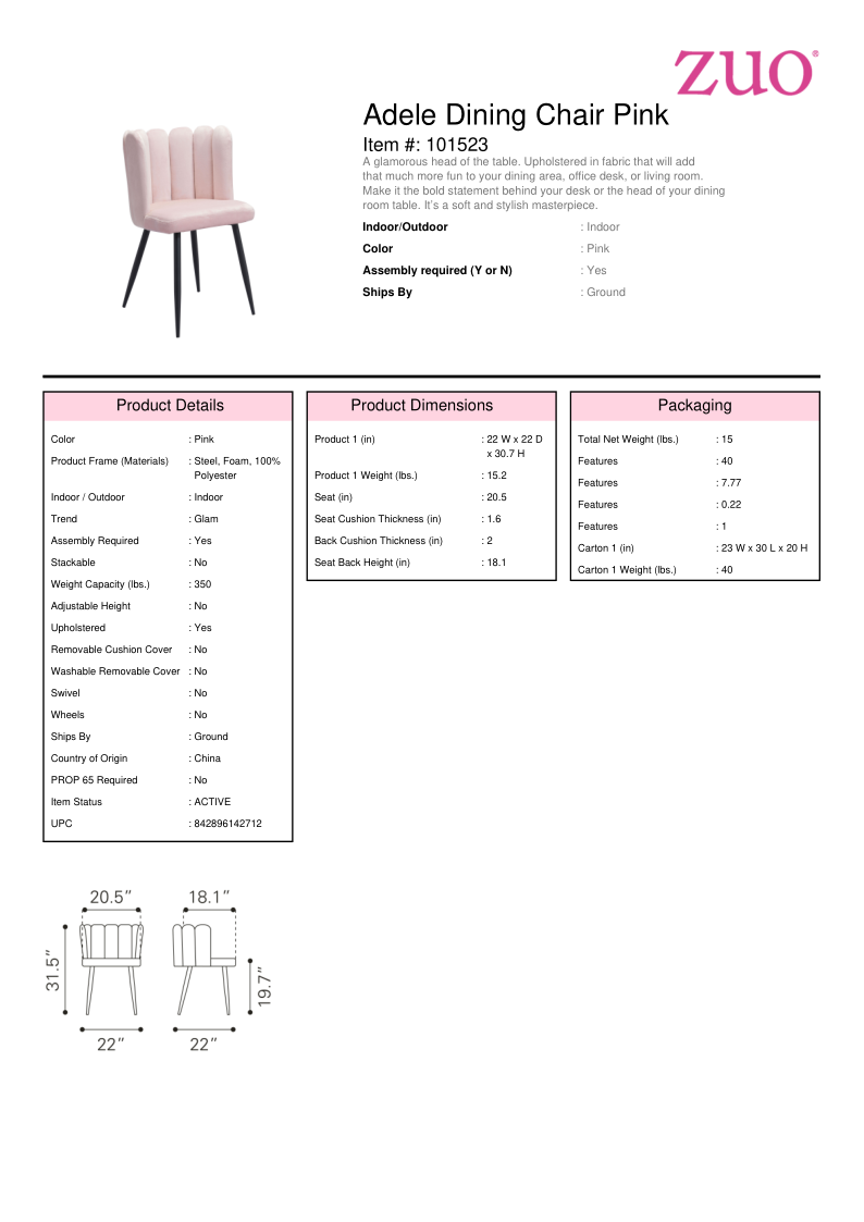 Adele Dining Chair Pink