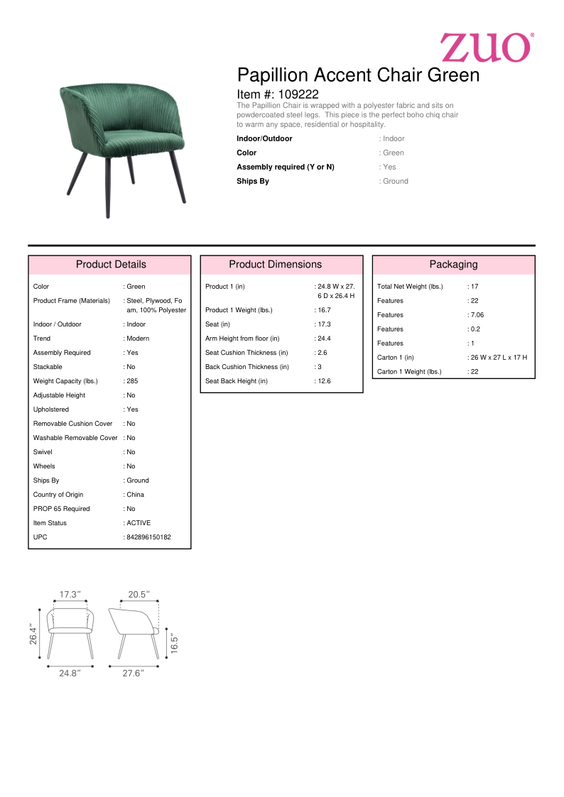 Papillion Accent Chair Green